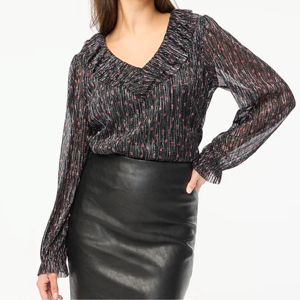 J. CREW SHIMMER LINED RUFFLE V-NECK LONG SLEEVE CAREER BLOUSE TOP L